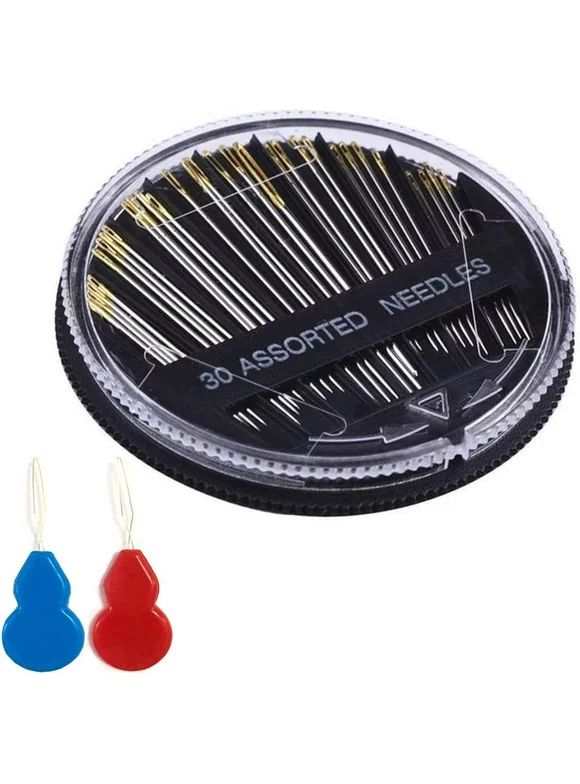 Hand Sewing Needles, 30 PCS Assorted Carbon Steel Needles, Large-Eye Needles with 2 Needle Threaders
