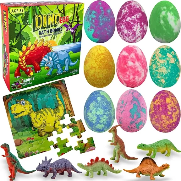 Mineral Me Bath Bombs for Kids with Toys Inside Plus Dinosaur Puzzle - Set of 9 w/ Mild Fruity Scent