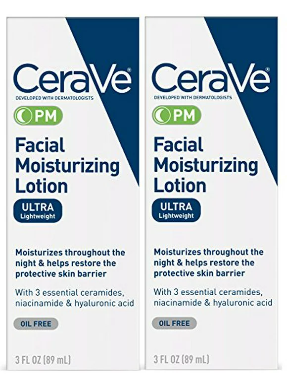 CeraVe Facial Moisturizing Lotion PM | 3 Ounce (Pack of 2) | Ultra Lightweight, Night Face Moisturizer | Fragrance Free