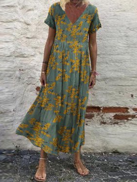ZANZEA Women Casual V Neck Short Sleeve  Print Swing Long Dress