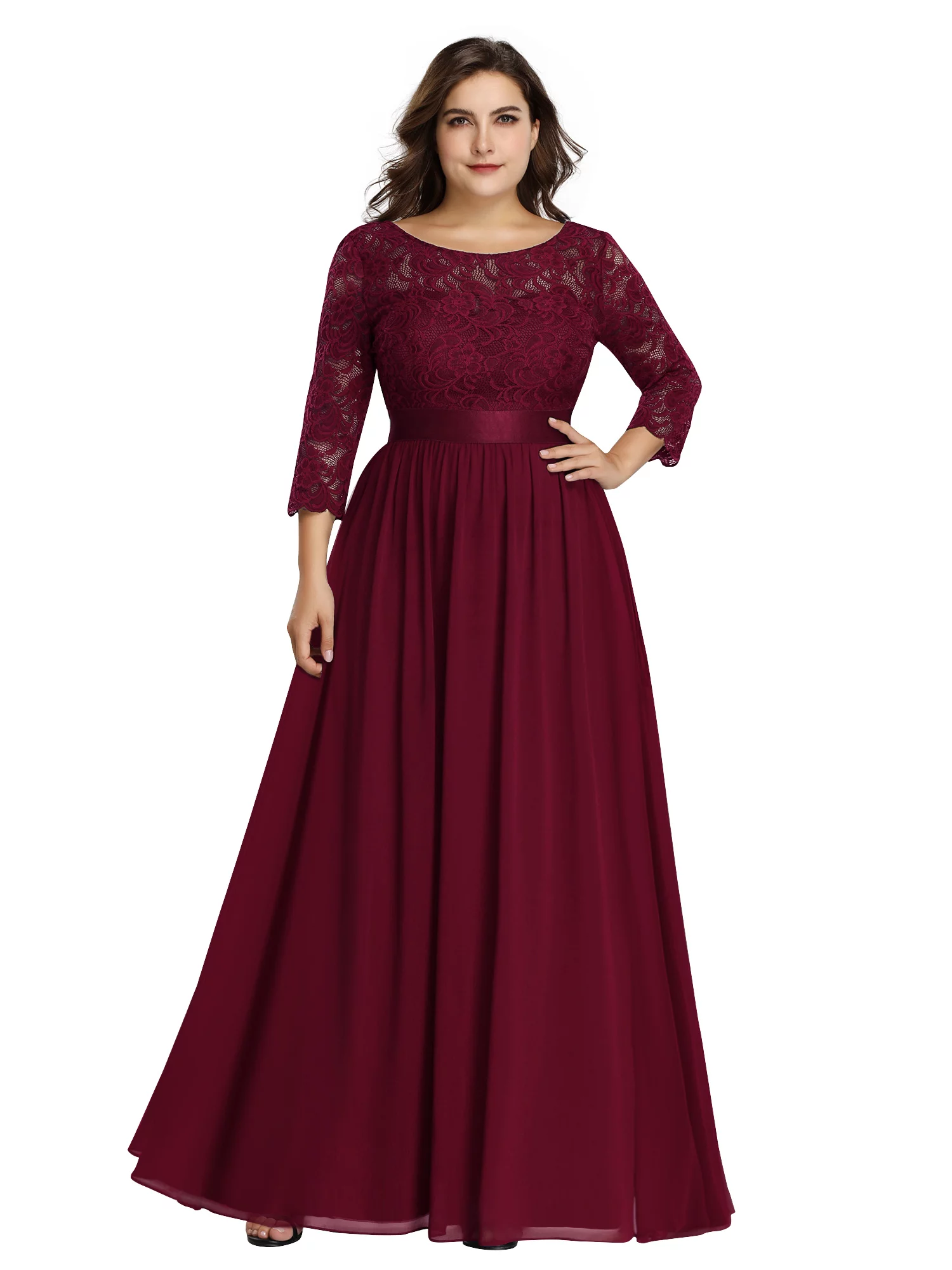 Ever-Pretty Womens Floral Lace Long Sleeve Bridesmaid Dresses for Women 74122 Burgundy US4