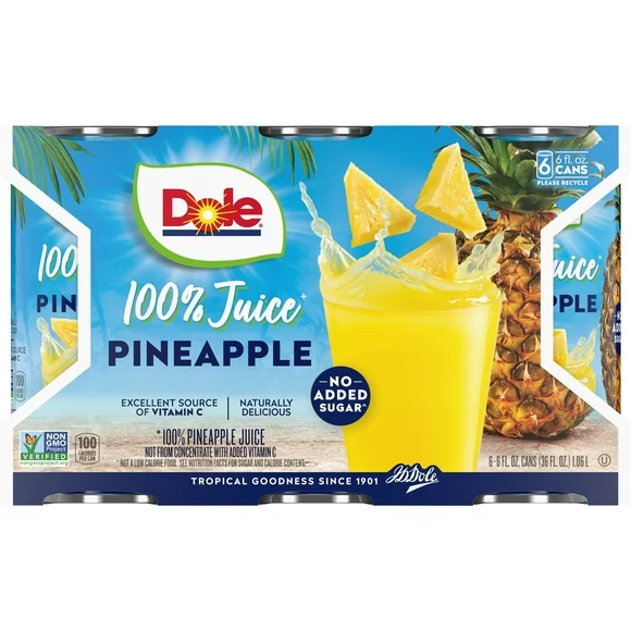 Dole All Natural 100% Pineapple Juice Cans, 6 fl oz (6 Count)