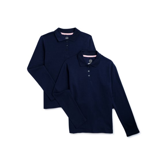 Wonder Nation Girls School Uniform Long Sleeve Interlock Polo Shirt, 2-Pack, Sizes 4-18