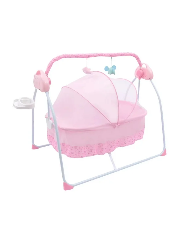 OUKANING Pink Electric Infant Rocker Baby Crib Cradle Bassinet Bed Swing Bouncer + Remote