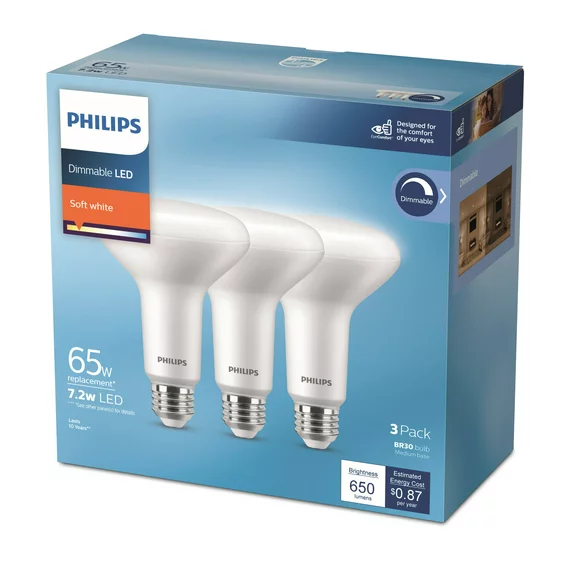 Philips LED 65-Watt BR30 Indoor Recessed Can Downlight Light Bulb, Frosted Soft White, Dimmable, E26 Medium Base (12-Pack)