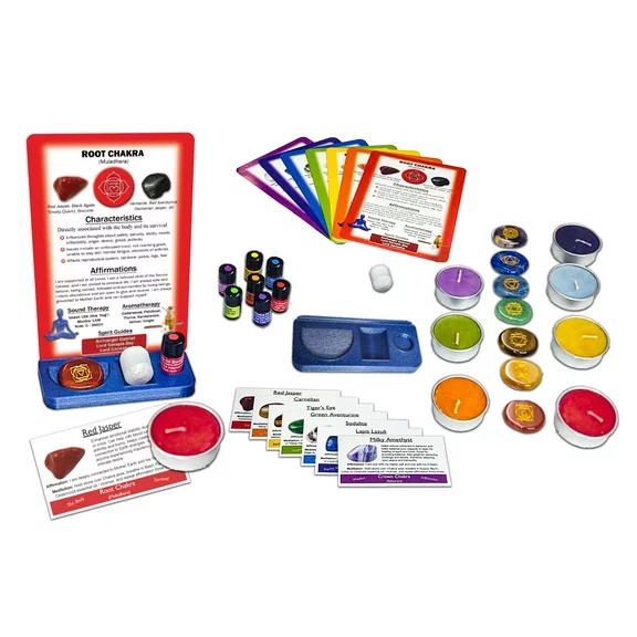 Chakra Healing Altar & Meditation Kit - 7 Chakra Sets: Engraved Symbols Stones, Healing Cards, Essential Oil Blends, Scented Candles