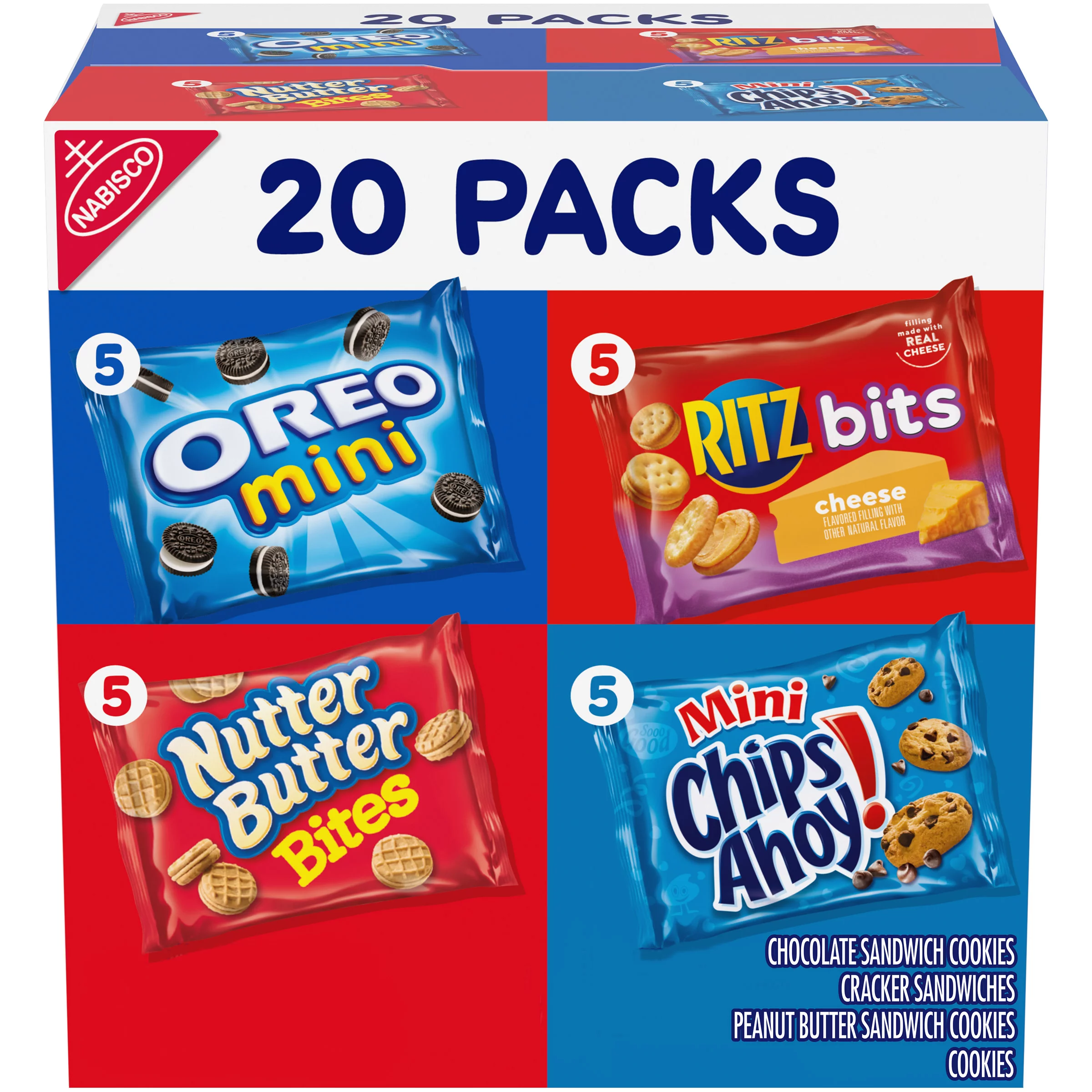 Nabisco Classic Mix Variety Pack, OREO, CHIPS AHOY!, Nutter Butter Bites, RITZ Bits, School Snacks, 20 Snack Packs
