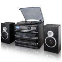 Trexonic 3-Speed Turntable With CD Player, Dual Cassette Player, BT, FM Radio & USB/SD Recording and Wired Shelf Speakers