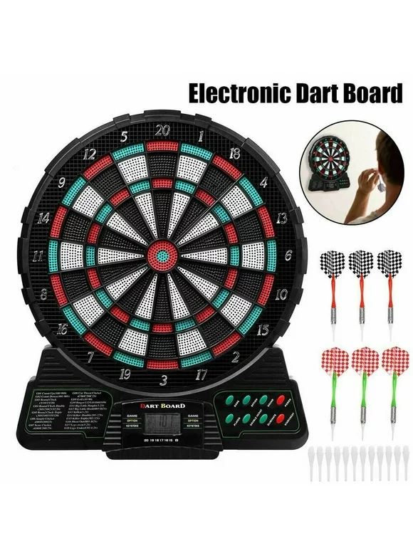 Electronic Tip Dartboard Cabinet Set with Darts for Game Room with 6 Pieces Darts 18pcs Replacement Tips, LCD Display Automatic Scoring Dartboard Target Board