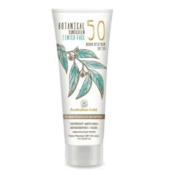 Australian Gold 263476 3 oz Botanical Sunscreen SPF 50 Tinted Face Medium to Tan BB Cream
