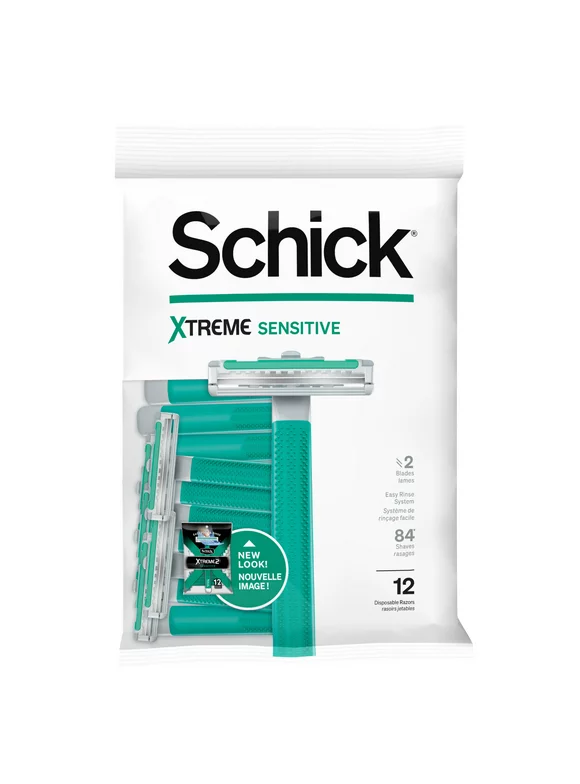 Schick Xtreme 2-Blade Sensitive Men's Disposable Razors, 12 Ct, With Vitamin E Strips, Non Slip Handle