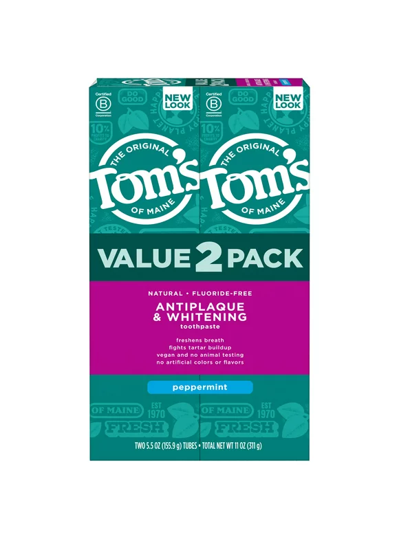 Tom's Antiplaque & Whitening Fluoride-Free Peppermint Toothpaste, 5.5oz, 2 Pack