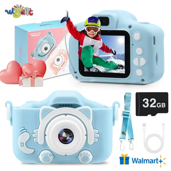 WISAIRT Kids Camera 1080P HD Digital Video Cameras with 32GB SD Card Mini Rechargeable Toddler Toys Camera for 3-12 Years Girls Best Gifts for Kids (Blue)