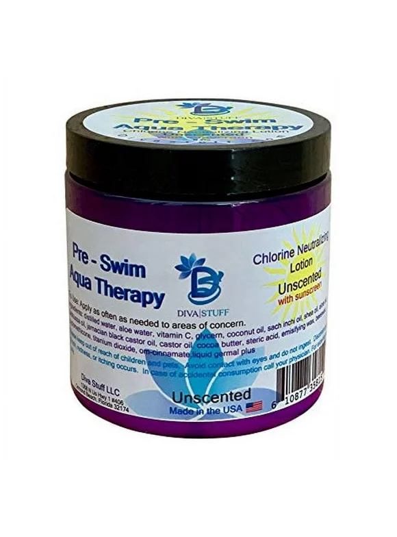 Pre-Swim Aqua Therapy Chlorine Neutralizing Body Lotion, 8 oz Unscented Sunscreen, by Diva Stuff