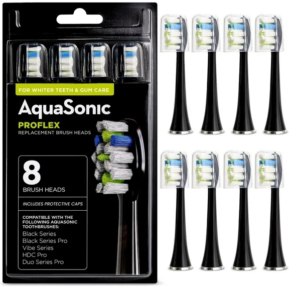 AquaSonic Toothbrush Replacement Heads Dupont Engineered ProFlex Bristles, Black 8-Pack