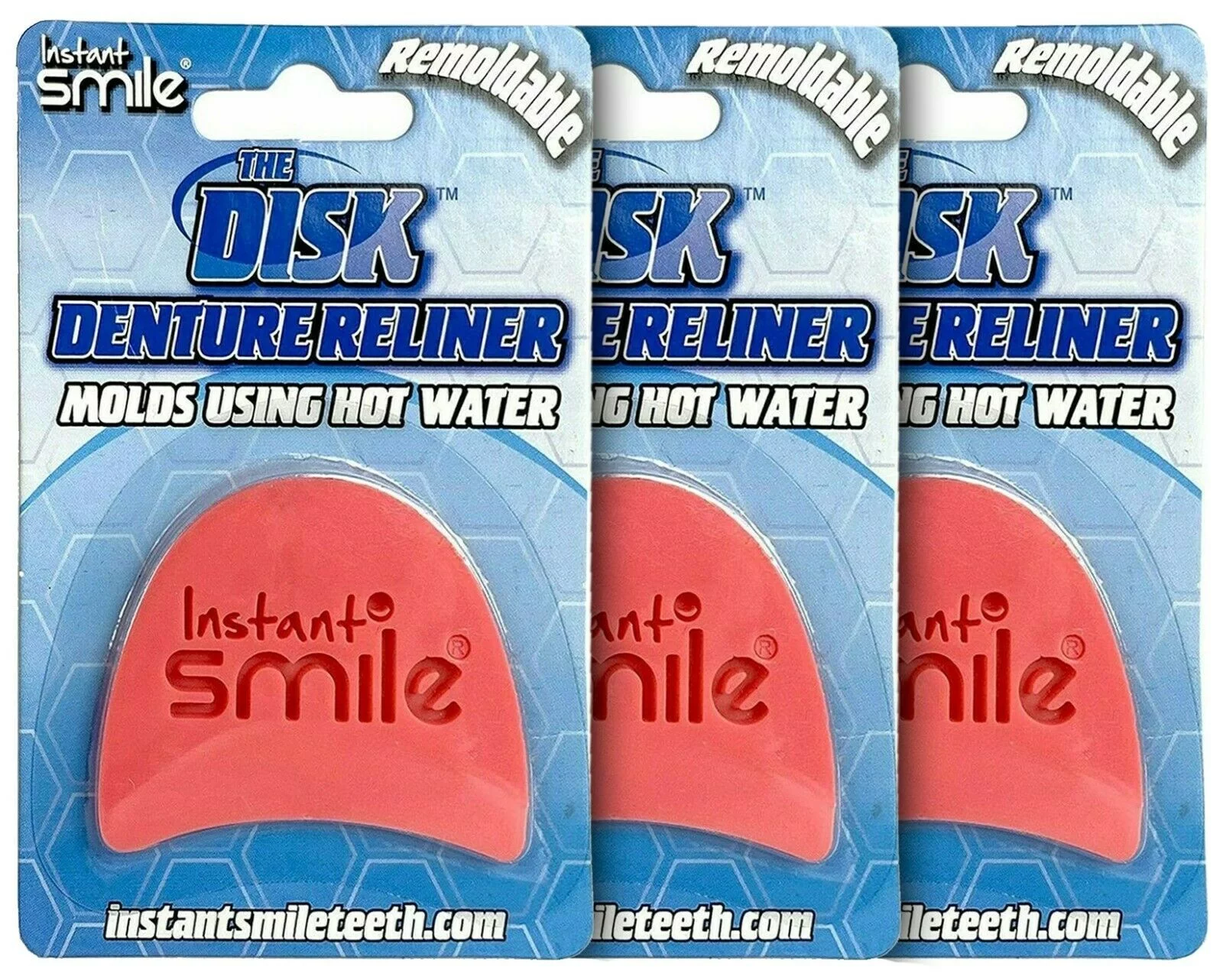 3 Pack of Instant Smile The Disk Denture Reliner Remoldable, Easy to Mold