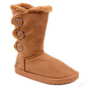Furry Button Flat Black Tan or Brown Vegan Suede Women's Warm Slipper Boots (Camel, 8 B(M) US)