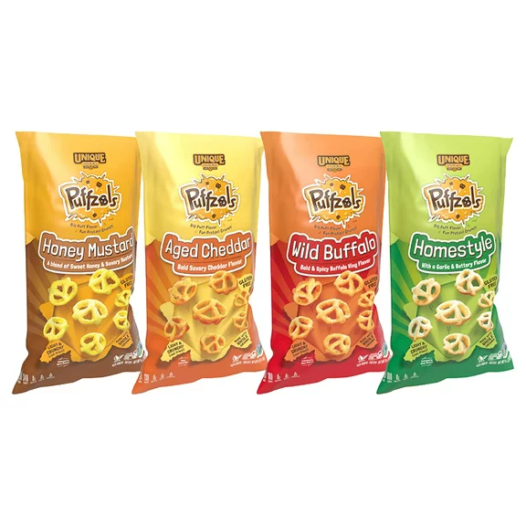 Unique Snacks Puffzel Variety Pack of 4 - Aged Cheddar, Wild Buffalo, Homestyle, Honey Mustard, 1 Bag Each, Puffed Corn and Oat Snacks, 4.8 Ounce Snack Bags