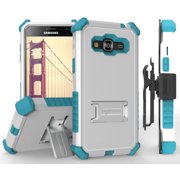 BEYOND CELL WHITE TURQUOISE RUGGED TRI-SHIELD CASE COVER STAND + BELT CLIP HOLSTER FOR SAMSUNG GALAXY AMP PRIME (Cricket SM-J320A, AT&T GO Phone J320A)