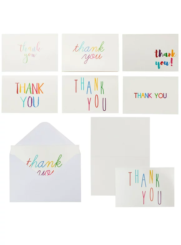 144 Pack Blank Thank You Cards with Envelopes, Bulk Boxed Set in 6 Colorful Rainbow Font Designs, 4x6 in.