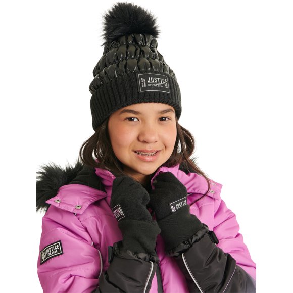 Justice Girls Metallic Shiny Black Quilted Beanie with Faux Fur Pom and Gloves, 2-Piece Set