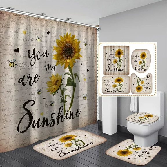 FRAMICS Beige Sunflower Shower Curtain and Rug Sets, 16 Pc You are My Sunshine Bathroom Sets, Waterproof Fabric Shower Curtain with 12 Hooks and Toilet Rugs