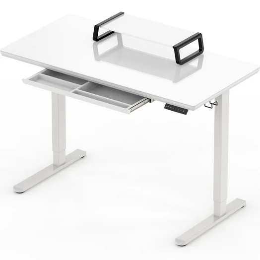 SHW 48-Inch Glass Electric Height Adjustable Desk with Monitor Riser and Drawer, White