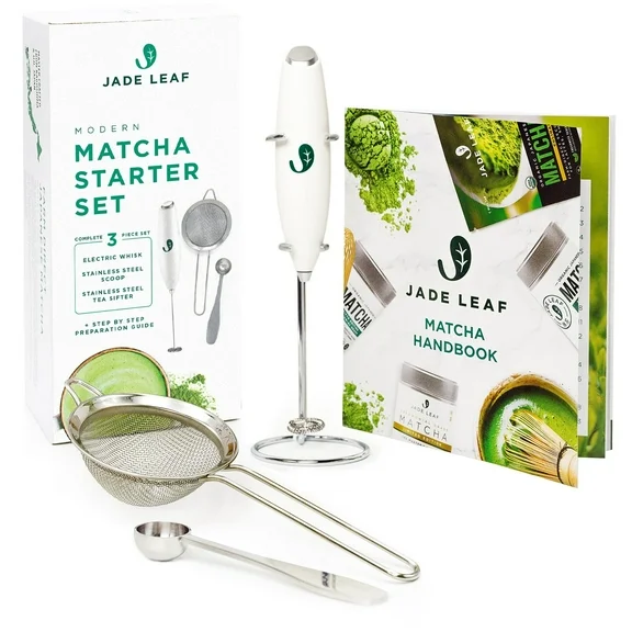 Jade Leaf Modern Matcha Starter Set, Electric Matcha Whisk   Milk Frother, Stainless Steel Spoon, Stainless Steel Sifter, and Printed Handbook