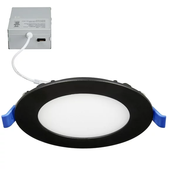 Maxxima 4 in. Ultra Thin Recessed LED Downlight with Junction Box, Black Trim, 5 CCT Color Selectable 2700K-5000K, Dimmable, 700 Lumens