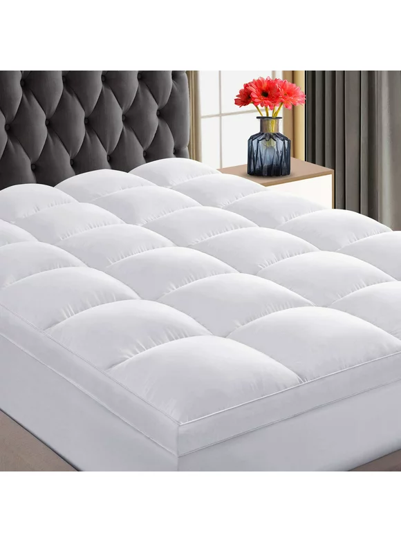 INGALIK Queen Mattress Topper, Extra Thick Cooling Mattress Pad Cover, 400TC Cotton Pillow Top Protector with 8-21" Deep Pocket, Soft 5D Spiral Fiber Padding for Back Pain, White