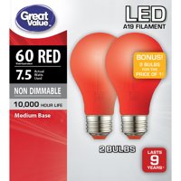 Great Value LED Light Bulb, 7.5 Watts (60W Equivalent) A19 Lamp E26 Medium Base, Non-dimmable, Red, 2-Pack