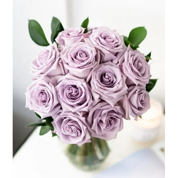 From You Flowers - 12 Long Stem Purple Roses in a Clear Glass Vase (Fresh Flowers)