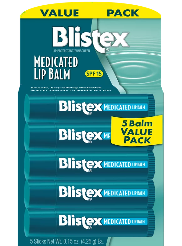 Blistex Moisturizing Long-Lasting Matte Medicated Lip Balm, SPF 15, Clear, 5 Pack