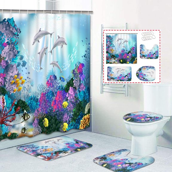 FRAMICS Blue Sea World Dolphin Shower Curtain and Rug Sets, 16 Pc Bathroom Sets with Non-Slip Rugs, Waterproof Fabric Shower Curtain with 12 Hooks for Bathroom