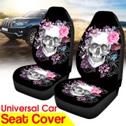 2Pcs 3D Front Car Seat Cover Skull Flowers Printing Pattern Cushion Protector Fit for Vehicle for Sedan Universal for Truck for SUV for VAN