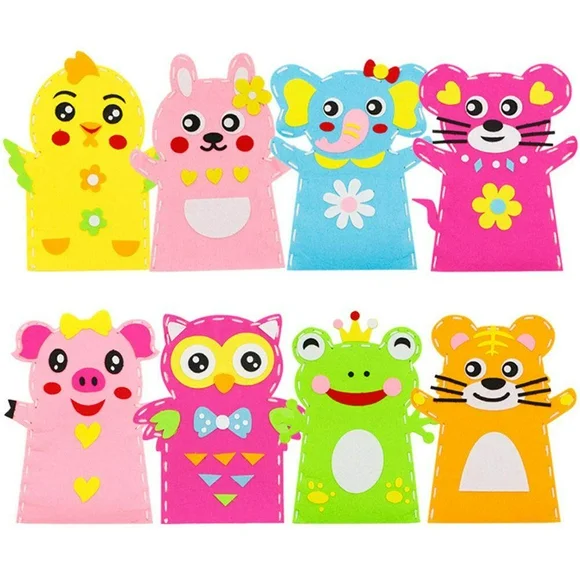 2024 8 Pcs Animals Felt Hand Puppets Kits for Kids DIY Sewing Puppets Craft Toy Gifts for Preschool Theater Storytelling Pretend Play