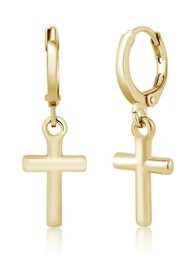 Gorgeous Small Cross Yellow Gold Plated Huggie Dangle Earrings