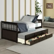 SEGMART Twin Daybed Bed with Trundle, Captains Bed with 3 Storage Drawers, Farmhouse Twin Style Solid Wood Trundle with Slatted Headboard and Footboard for Kid's Room, Teens, Espresso, 300lbs, S352