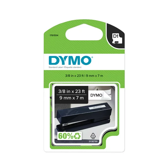 DYMO D1 Labels For LabelManager Label Makers, Black Print on White Tape, 3/8-Inch x 23-Foot Roll, Self-Adhesive