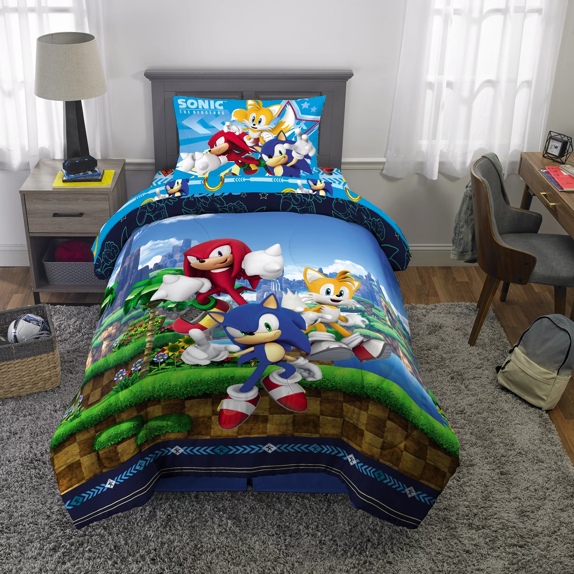 Sonic the Hedgehog Kids Microfiber Bed-in-a-Bag Bedding Bundle Set, Comforter and Sheets, Blue