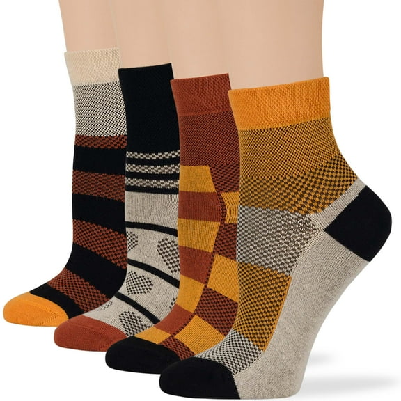 Womens Cotton Diabetic Ankle Socks Non-Binding Seamless Solid Loose Fit 4 Pack Medium 9-11 Black, Brown, Orange, Cream