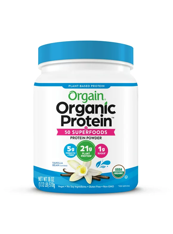 Orgain Organic Plant Based Protein + Superfoods Powder, Vanilla Bean, 21g Protein, 1.12 lb
