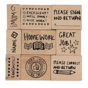 Stamp Set for Teachers - 9-Piece Wood Mounted Rubber Stamps, Paper Grading Stamps for Teacher's Notes, Encouragement, Classroom Supply, School Supply