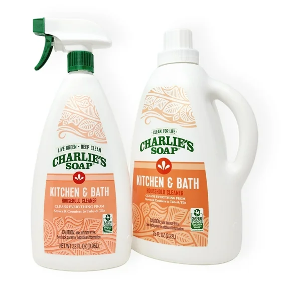 Charlie's Soap, Kitchen & Bath Surface Cleaner Refill Kit Eco-Friendly Spray & Wipe Multi-Purpose Cleaner Safe for Sensitive Skin, 75 Fl Oz Refill & 32 Fl Oz Sprayer - 1 Pack