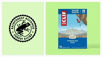The Rainforest Alliance logo and a CLIF bar pack are found above the words “Rainforest Alliance. Shop snacks and more made with certified ingredients.
