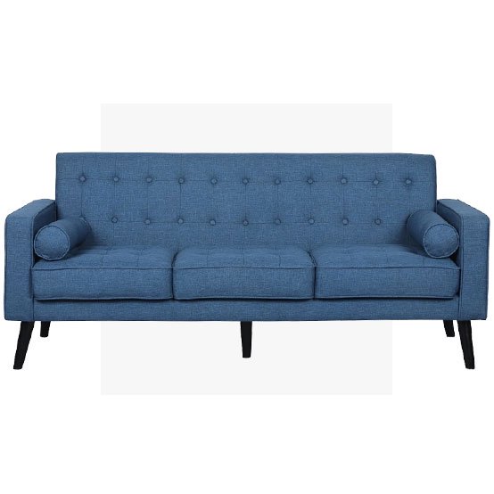 A blue linen mid-century sofa. Links to mid-century sofas on dxoffersmall.com.��    