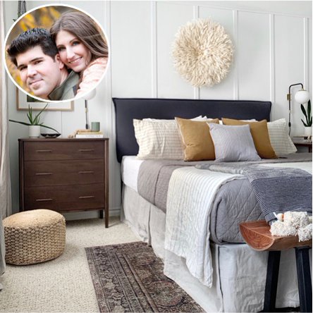 A modern design for a master bedroom featuring the headshot of interior designers Kim & Christian of KC Design Co. 