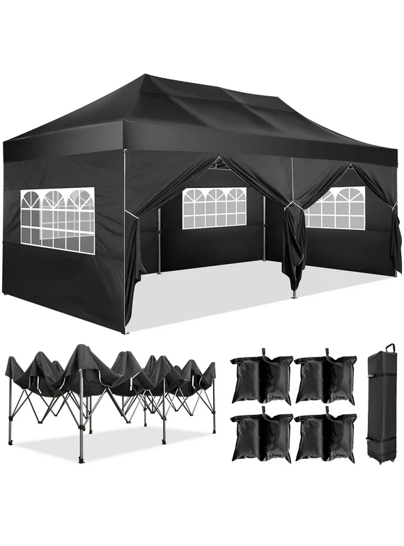10'x20' Pop Up Canopy Waterproof Folding Tent Outdoor Easy Set-up Instant Tent Heavy Duty Commercial Wedding Party Shelter with 6 Removable Sidewalls, 4 Sandbags, Roller Bag, Black