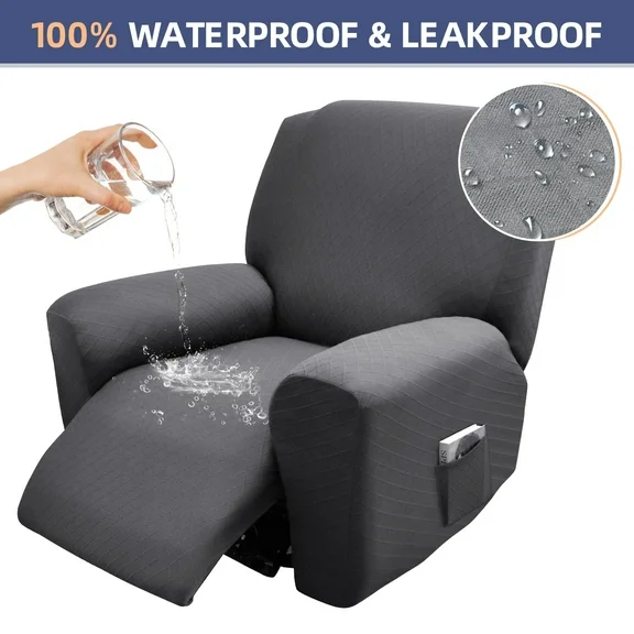 100% Waterproof Elastic Recliner Cover, 4-Piece Design Leakproof Jacquard Recliner Chair Slipcover Protector with Side Pockets for Kids, Pets, Dog and Cat (Dark Gray)