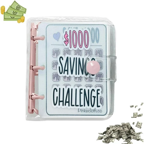 1000 Savings Challenge Binder, Money Saving Binder, Reusable Budget，Savings Challenges Book with Envelopes, Envelope Savings Challenge, Mini Budget Binder with Cash Envelopes(Pink)
